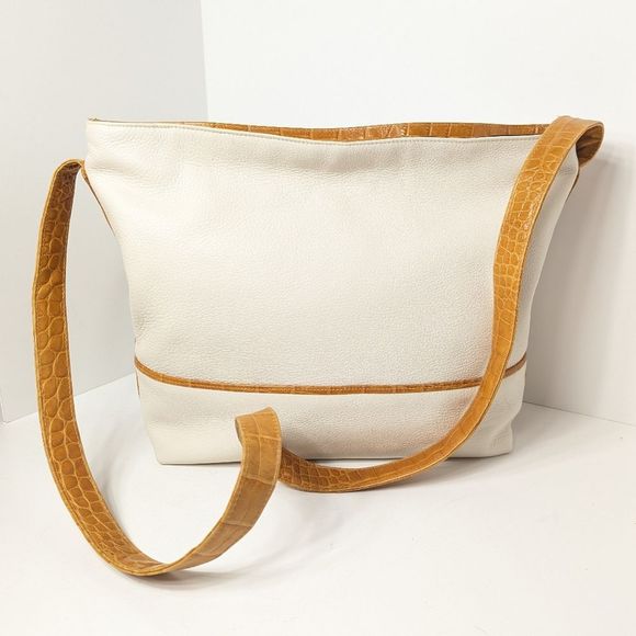 Vintage Cream Leather Shoulder Crossbody Bag Croc Print Trim Susan Gail - Picture 2 of 14